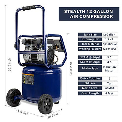 Stealth 12 Gallon Ultra Quiet Air Compressor, 1.5 HP Oil-Free Peak 150 PSI 68 Decibel,5 CFM @ 40 PSI 4 CFM @ 90 PSI Silent Portable Long Life Electric Air Compressor W/Wheel for Garage - style: Manual