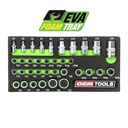 OEMTOOLS 35Pc Multi-Drive Star Socket Set, Heat Treated Torx Socket Set | EVA Foam Tray, Unique Alloy Steel, Rust Resistant Hard Chrome Finish, Posi-Grip No-Slip, 1/4" 3/8" and 1/2" Drive Sockets - size: 35 Piece