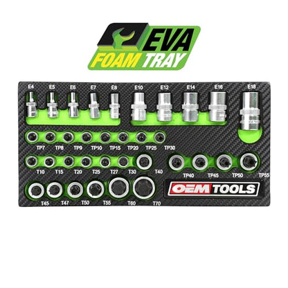 OEMTOOLS 35Pc Multi-Drive Star Socket Set, Heat Treated Torx Socket Set | EVA Foam Tray, Unique Alloy Steel, Rust Resistant Hard Chrome Finish, Posi-Grip No-Slip, 1/4" 3/8" and 1/2" Drive Sockets - size: 35 Piece
