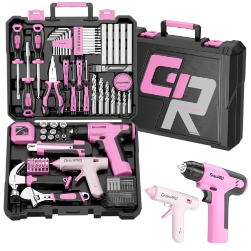GRENPRO Pink Tool Set Drill Set, 188PCS Tool Kit For Home with Pink Cordless Drill Power, Tool Kit for Women &Men, Basic Household Auto Repair Hand Tool Box, Glue Gun Tools Sets & Drill Set for Women - style: Pink Power Drill Set 188PC