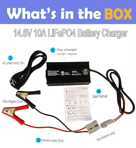14.6V 10A LiFePO4 Battery Charger, 12V 4-String Lithium Smart Charger with Anti-Spark & Active PFC, Wide 90-264V AC for RV/Deep Cycle, Anderson to Alligator Clips - size: 12v 10a