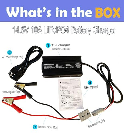 14.6V 10A LiFePO4 Battery Charger, 12V 4-String Lithium Smart Charger with Anti-Spark & Active PFC, Wide 90-264V AC for RV/Deep Cycle, Anderson to Alligator Clips - size: 12v 10a
