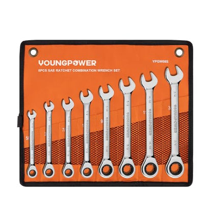 8-Piece SAE Ratcheting Combination Wrench Set, 72-Tooth, CR-V Steel | Mirror Polished, 12-Point Design, Rolling Pouch Included, Ideal for Domestic Automotive Repairs and Home Garage Projects - size: 5/16"-3/4"