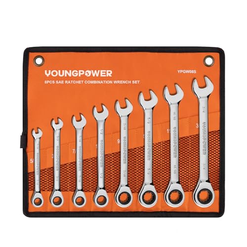 8-Piece SAE Ratcheting Combination Wrench Set, 72-Tooth, CR-V Steel | Mirror Polished, 12-Point Design, Rolling Pouch Included, Ideal for Domestic Automotive Repairs and Home Garage Projects - size: 5/16"-3/4"