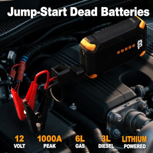 1000A 12V Jump Starter with Air Compressor, 150 PSI Tire Inflator | 1.8lb body for 6L gas/3L diesel engines with auto shut-off, LCD display, LED emergency light, USB power bank and storage case