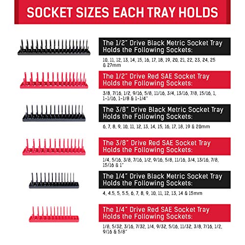 B&C Home Goods Socket Organizers - 6 Piece SAE & Metric Tray Socket Holder - Toolbox Organizers and Storage for ¼, ⅜ and ½ inch Drive Holder for Mechanics