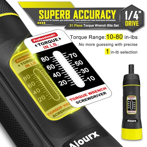 Torque Screwdriver Set, 10-80 Inch Pounds lbs, 31 Piece 1/4" Drive Torque Screwdriver Wrench with S2 Steel Bits for Bicycle Mechanics, Mechanical Equipment, and Mounting - size: 10-80 in.-lb. Standard