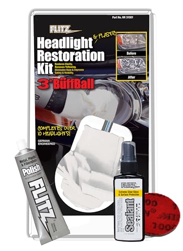 Flitz Car Headlight Restoration Kit - USA-Made Headlight Cleaner and Restorer Kit - Includes 1.7oz Polish, 1.7oz Sealant, 3" Buff Ball, and Scuff Pad - Removes Scratches & Yellowing on Automotive Lens