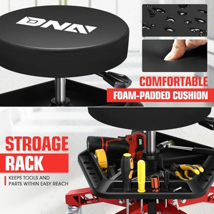 DNA Motoring Rolling Shop Stool, Adjustable Height Padded Rolling Seat, Pneumatic Roller Mechanic Stool for Garages, w/Tool Storage Tray, 300lbs Capacity, TOOLS-00636-BK-RD - style: Red Tray Model