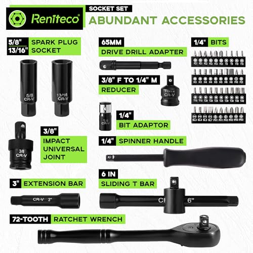 Reniteco 95-Piece 3/8" Socket Set, SAE (5/16"-3/4") & Metric (8mm-22mm), Ratchet Handle, Extension Bar, Adapter, Universal Joint, Power Drill Adapter, Screwdriver Bit, Spark Plug Socket - size: 95 PCS
