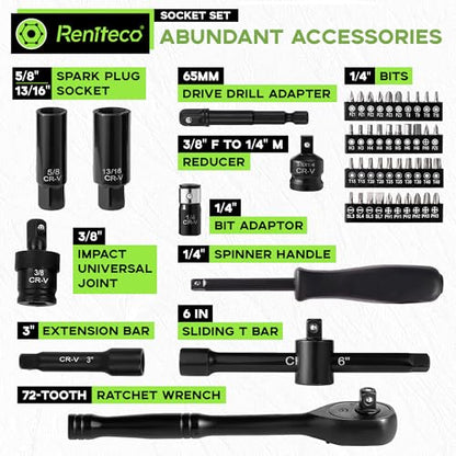 Reniteco 95-Piece 3/8" Socket Set, SAE (5/16"-3/4") & Metric (8mm-22mm), Ratchet Handle, Extension Bar, Adapter, Universal Joint, Power Drill Adapter, Screwdriver Bit, Spark Plug Socket - size: 95 PCS