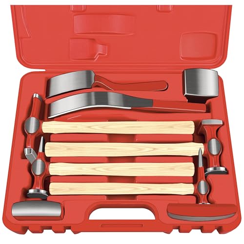 C&T 9 Piece Heavy Auto Body Repair Tool Hammer Dolly Set, Car Body Repair Tool Kit with Carrying Case, Hickory Handles,Fender Repair kit - size: 9PC