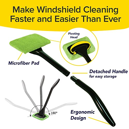 Windshield Wizard Cleaning Tool, AS-SEEN-ON-TV, Cleans Windshields Without Reaching, Microfiber Window Cleaning Device w/Extra Bonnet & Spray Bottle, Long Detachable 16” Handle, Fits in Glovebox