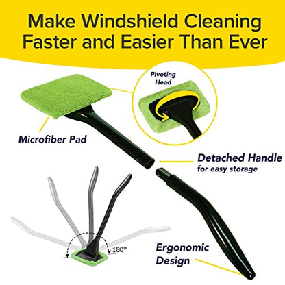 Windshield Wizard Cleaning Tool, AS-SEEN-ON-TV, Cleans Windshields Without Reaching, Microfiber Window Cleaning Device w/Extra Bonnet & Spray Bottle, Long Detachable 16” Handle, Fits in Glovebox