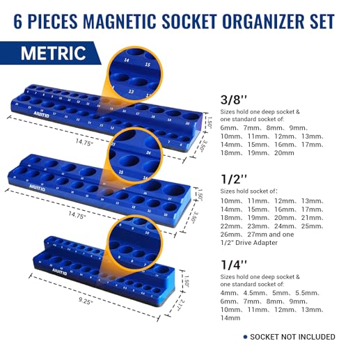 6-Piece Magnetic Socket Organizer Set, Magnetic Socket Holder Includes 1/4", 3/8", 1/2" Drive Metric SAE Socket Trays,Holds Standard and Deep Sockets (6-Piece Magnetic Socket Organizer)