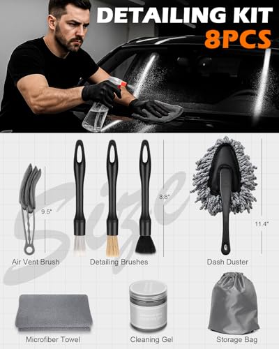 8PCS Car Interior Detailing Kit, Gifts for Men | 200g Cleaning Gel (185% More Than 70g), Ultra-Soft Detailing Brush Set with Dash Duster, Air Vent Brush & Microfiber Towel - size: 8PCS