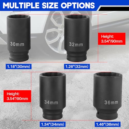 DASBET 1/2" Drive Deep Impact Socket Set 4PCS | Heavy Duty Drive Deep Spindle Axle Nut Impact Socket Set 12 Point, Metric 30mm, 32mm, 34mm, 36mm