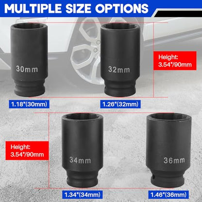 DASBET 1/2" Drive Deep Impact Socket Set 4PCS | Heavy Duty Drive Deep Spindle Axle Nut Impact Socket Set 12 Point, Metric 30mm, 32mm, 34mm, 36mm
