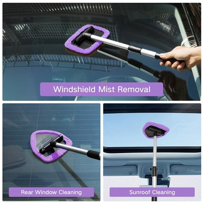 Qydipclin 7pcs Windshield Cleaner Tool Car Window Cleaning Wash Kit with 4 Reusable Microfiber Pads 1 Spray Bottle and Extendable Handle Auto Glass Wiper Kit, Purple - color: Purple