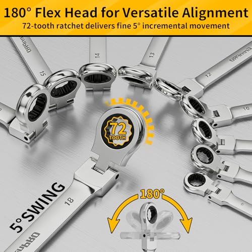 GRENPRO 23PCS Flex-Head Ratcheting Wrench Set, Combination Ratchet Wrenches Set Metric and Standard & SAE with Organizer Box, 6-18mm & 1/4" to 3/4" with Color Ring, CRV Socket Mechanic Tools Sets - style: 23PCS Flex-Head Ratcheting Wrench Set