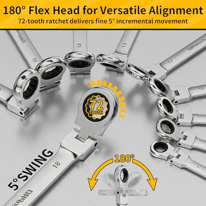 GRENPRO 23PCS Flex-Head Ratcheting Wrench Set, Combination Ratchet Wrenches Set Metric and Standard & SAE with Organizer Box, 6-18mm & 1/4" to 3/4" with Color Ring, CRV Socket Mechanic Tools Sets - style: 23PCS Flex-Head Ratcheting Wrench Set