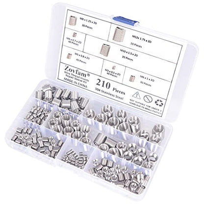 Wire Screw Sleeve Thread Repair Inserts Assortment Kit 304 Stainless Steel Metric M3 M4 M5 M6 M8 M10 M12 Wire Thread Inserts Helical Thread Repair Kit 210Pcs