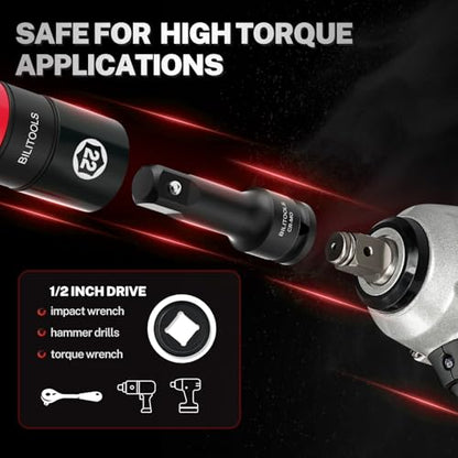 BILITOOLS Lug Nut Socket Set, 1/2" Thin Wall Impact Flip Sockets | Metric 17-22mm and SAE 3/4"-15/16" Sizes, Non-Marring Sleeves, Extension Bar and Knockout Rod for Stuck Lug Nuts