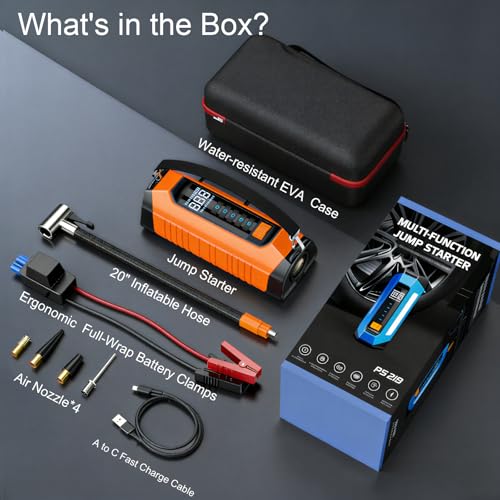 1500A Jump Starter with Air Compressor, 10000mAh Portable Car Battery Jump Starter with 180 PSI Tire Inflator, 12V Jump Box Charger with Flashlight LED Warning Light
