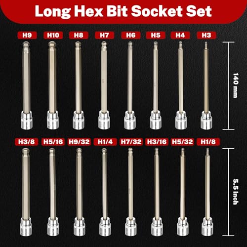 TOMMARS 16-Pc 3/8 Inch Drive Ball End Long Hex Bit Socket Set | Ball End, Extra Long Allen Socket Set, SAE & Metric 1/8-3/8 in., 3-10 mm,CR-V , S2 Steel - style: Ball End,3-10mm,1/8"-3/8"(16PCS)