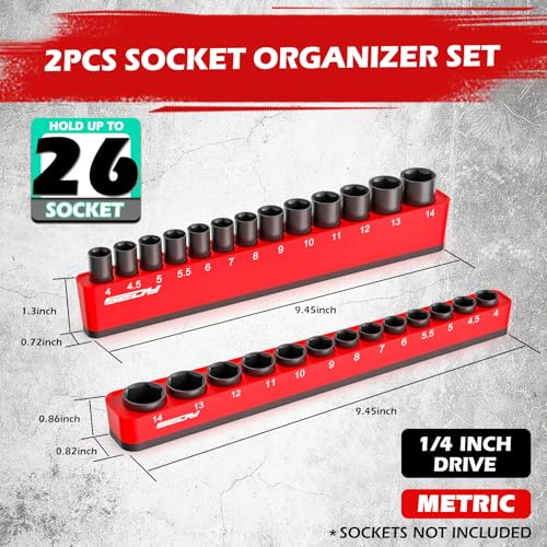 2-Piece 1/4"-Drive Metric Magnetic Socket Organizer Set (Holds 26 Sockets) - Detachable Tool Tray with 5mm Magnetic Base, Screw-Fixed Design & Heavy-Duty Modular Storage for Garage/Home Workshop - style: 2-Pc 1/4" Drive - Metric (Holds 26)