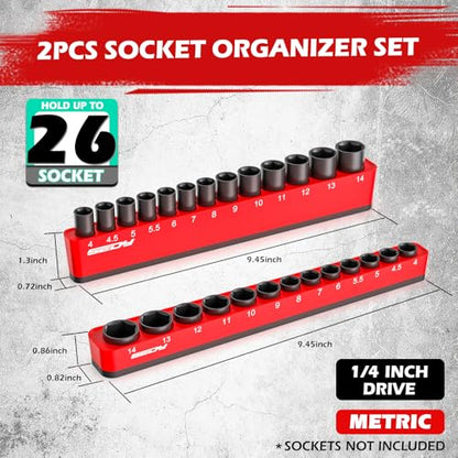 2-Piece 1/4"-Drive Metric Magnetic Socket Organizer Set (Holds 26 Sockets) - Detachable Tool Tray with 5mm Magnetic Base, Screw-Fixed Design & Heavy-Duty Modular Storage for Garage/Home Workshop - style: 2-Pc 1/4" Drive - Metric (Holds 26)