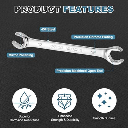 HARFINGTON 2 Pcs Flare Nut Wrench 17mm x 19mm Metric Double Open End Thick Spanner Mirror Polish Finish 45# Steel Brake Line Wrench For Fuel Tube Hose Transmission Line, Silver - size: 17mm x 19mm
