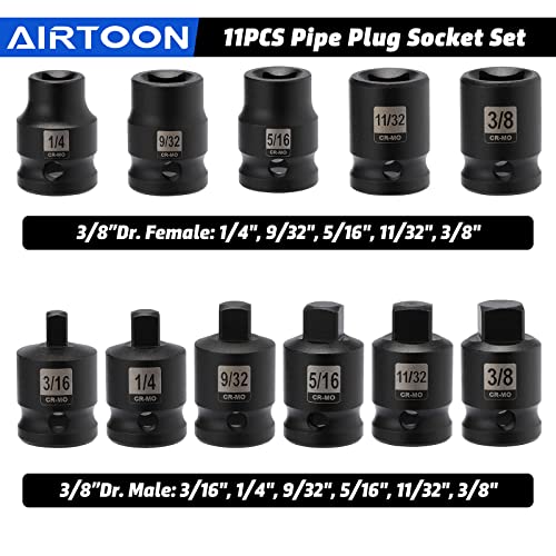 3/8" Drive Pipe Plug Socket Set, 11-Piece, SAE, CR-MO, Tapered Male Square Drive, Chamfered Female Square Drive - size: 3/8" Drive