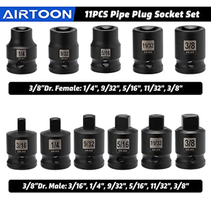 3/8" Drive Pipe Plug Socket Set, 11-Piece, SAE, CR-MO, Tapered Male Square Drive, Chamfered Female Square Drive - size: 3/8" Drive
