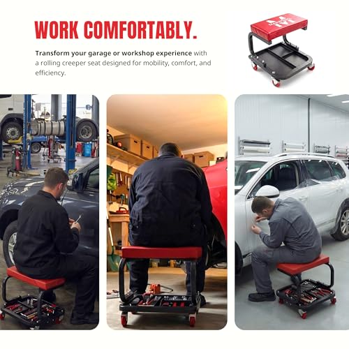 MaxWorks Mechanics Roller Seat - Heavy Duty 250 lb Capacity Rolling Creeper Stool with Padded Seat & 3-Section Tool Tray for Garage & Auto Repair (50875) - style: Rolling Seat Creeper
