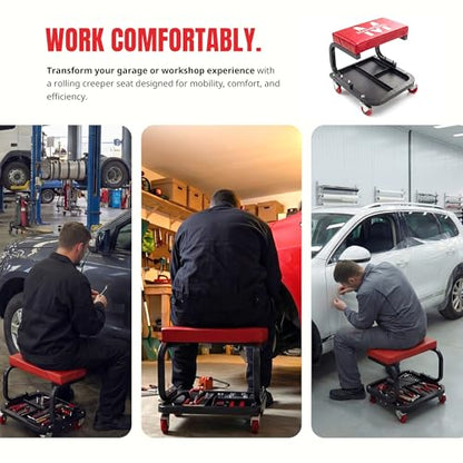 MaxWorks Mechanics Roller Seat - Heavy Duty 250 lb Capacity Rolling Creeper Stool with Padded Seat & 3-Section Tool Tray for Garage & Auto Repair (50875) - style: Rolling Seat Creeper