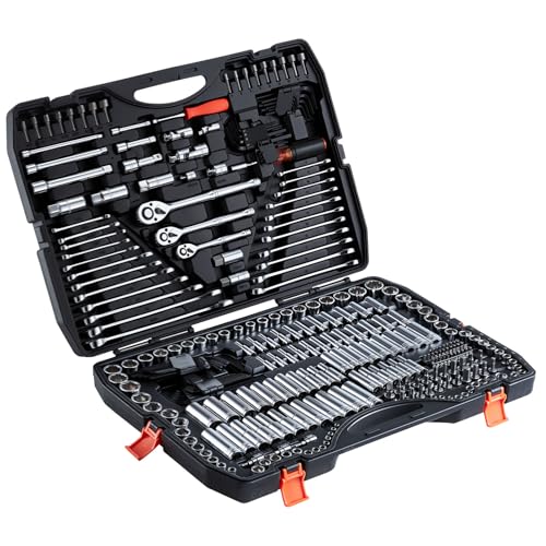 VEVOR Mechanics Tool Set, 308-Piece Mechanic Tool Kit, 1/4 in, 3/8 in, and 1/2 in Drive, SAE and Metric Socket Set, Wrenches, Screwdriver Bits, Accessories, and Storage Case, for Automotive Repair - size: 1/4"&3/8"&1/2", style: 308 PCS