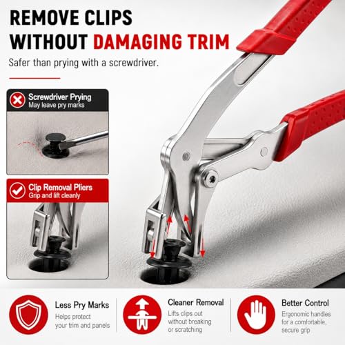 Car Clip Pliers, Auto Clip Removal Pliers, Panel Clip Removal Tool for Automotive Plastic Fasteners, Trim Clips & Door Panel Removal, 17-4 PH Stainless Steel, Damage-Free Removal