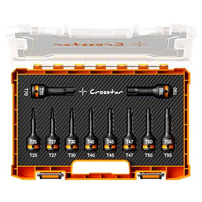 Crosstar 10-Piece Impact Torx Bit Socket Set(T25~T70), 1/2" Drive Cr-Mo Steel, Long High Impact Star Sockets for Automotive & Heavy-Duty Use, Professional Mechanic Tools with Transparent Case - size: T25-T70 (Long)