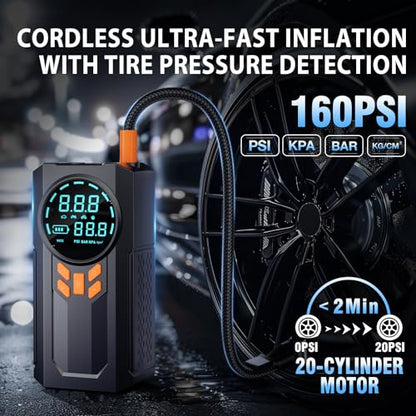 Jump Starter with Air Compressor, 5000A 160PSI Battery Jumper Starter Portable (9.0 Gas/8.0L Diesel), 12V Jump Box Car Battery Jump Starter with Smart Jumper Cables, LED Light, LCD Display
