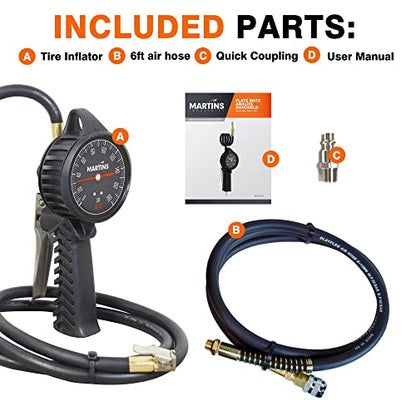 Martins Handheld Analog Tire Inflator Gauge with 6 ft Rubber Hose – Compact Tire Inflator for Automotive, Cars, Motorbikes, Bicycle – 174 PSI - size: Analog Handheld