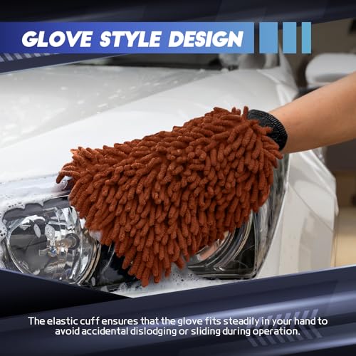 wuyaoyao 2PCS Car Wash Mitt, 10.14"×7.12" Chenille Microfiber Car Wash Mitts, Scratch-Free & Lint-Free, Absorbent Double Sided Clean Glove for Cars Cleaning, Auto Cleaning Supplies (Brown) - color: Brown