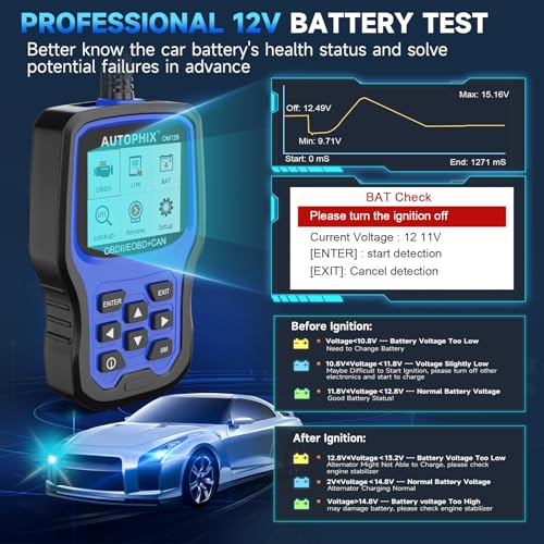 AUTOPHIX OM129P OBD2 Scanner with 12V Battery Test & Live Data | Check engine code reader with I/M readiness, O2/EVAP tests, DTC lookup and lifetime software updates included. - color: OM129-OBD2