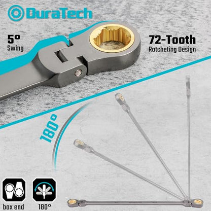 DURATECH Extra Long Anti-Slip Flex-Head Ratcheting Wrench Set, 5-Piece, SAE | Double Box End, 1/4" to 13/16", 72-Tooth, 5° Swing Arc, for Tight Spaces, CR-V Steel, Grey Nickel Plated, EVA Foam Organizer