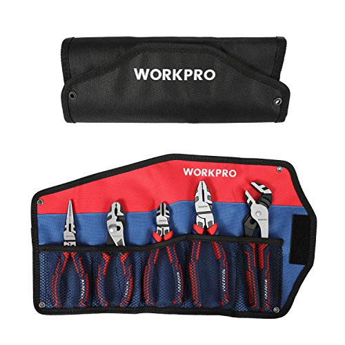 WORKPRO Pliers Set, 5-Piece Premium Cr-V Pliers Kit with Storage Pouch | 6 Inch Slip Joint, Long Nose, Diagonal Cutter, 8 Inch Groove Joint, 7 Inch Linesman, Ergonomic Grip, for Basic Repair - size: 5-piece