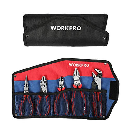 WORKPRO Pliers Set, 5-Piece Premium Cr-V Pliers Kit with Storage Pouch | 6 Inch Slip Joint, Long Nose, Diagonal Cutter, 8 Inch Groove Joint, 7 Inch Linesman, Ergonomic Grip, for Basic Repair - size: 5-piece
