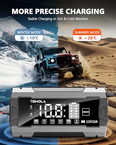 12V 10A Smart Battery Charger Fully Automatic Battery Maintainer Trickle Charger with Pulse Repair LCD Display Temp Compensation for AGM Gel SLA LiFePO4 Flooded Deep Cycle Motorcycle Boat Batteries - color: Gray-Black