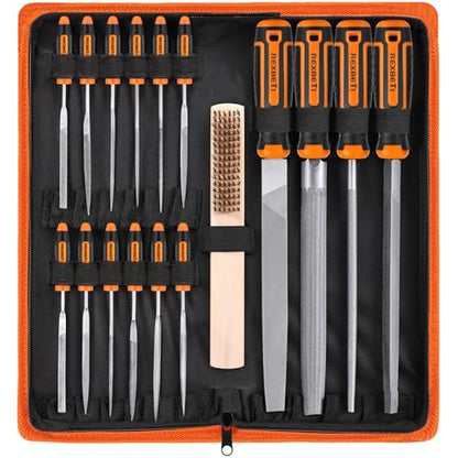 REXBETI 25Pcs Metal File Set, Premium Grade T12 Drop Forged Alloy Steel, Flat/Triangle/Half-round/Round Large File and 12pcs Needle Files with Carry Case, 6pcs Sandpaper, Brush, A Pair Working Gloves - style: 25PCS