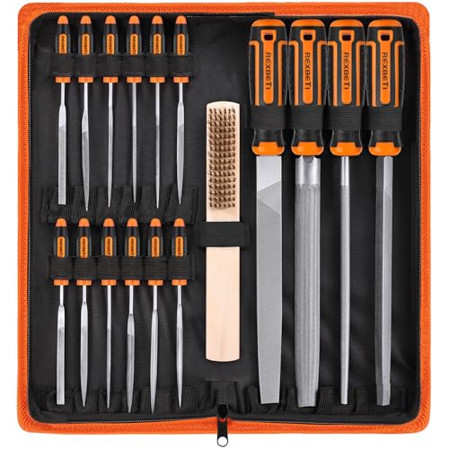 REXBETI 25Pcs Metal File Set, Premium Grade T12 Drop Forged Alloy Steel, Flat/Triangle/Half-round/Round Large File and 12pcs Needle Files with Carry Case, 6pcs Sandpaper, Brush, A Pair Working Gloves - style: 25PCS