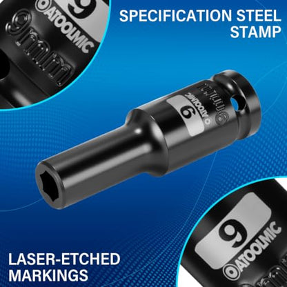 1/2 Inch Drive x 9mm Deep 6PT CR-MO Impact Socket for Removing Axle nut | Metric Socket,6-Point Radius Corner Design,Two Size Markings,Square Chamfered Opening,For Removal of Axle Nut - size: 9 mm, style: 1/2" Drive Deep Socket